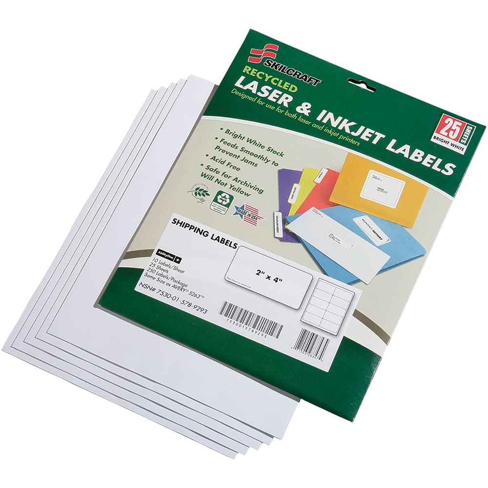 Ability One - Labels, Ribbons & Tapes; Type: Shipping Label ; Color: White ; For Use With: Laser & Inkjet Printers ; Width (Inch): 2 ; Length (Inch): 4 ; Number of Labels: 250 - Exact Tool & Supply