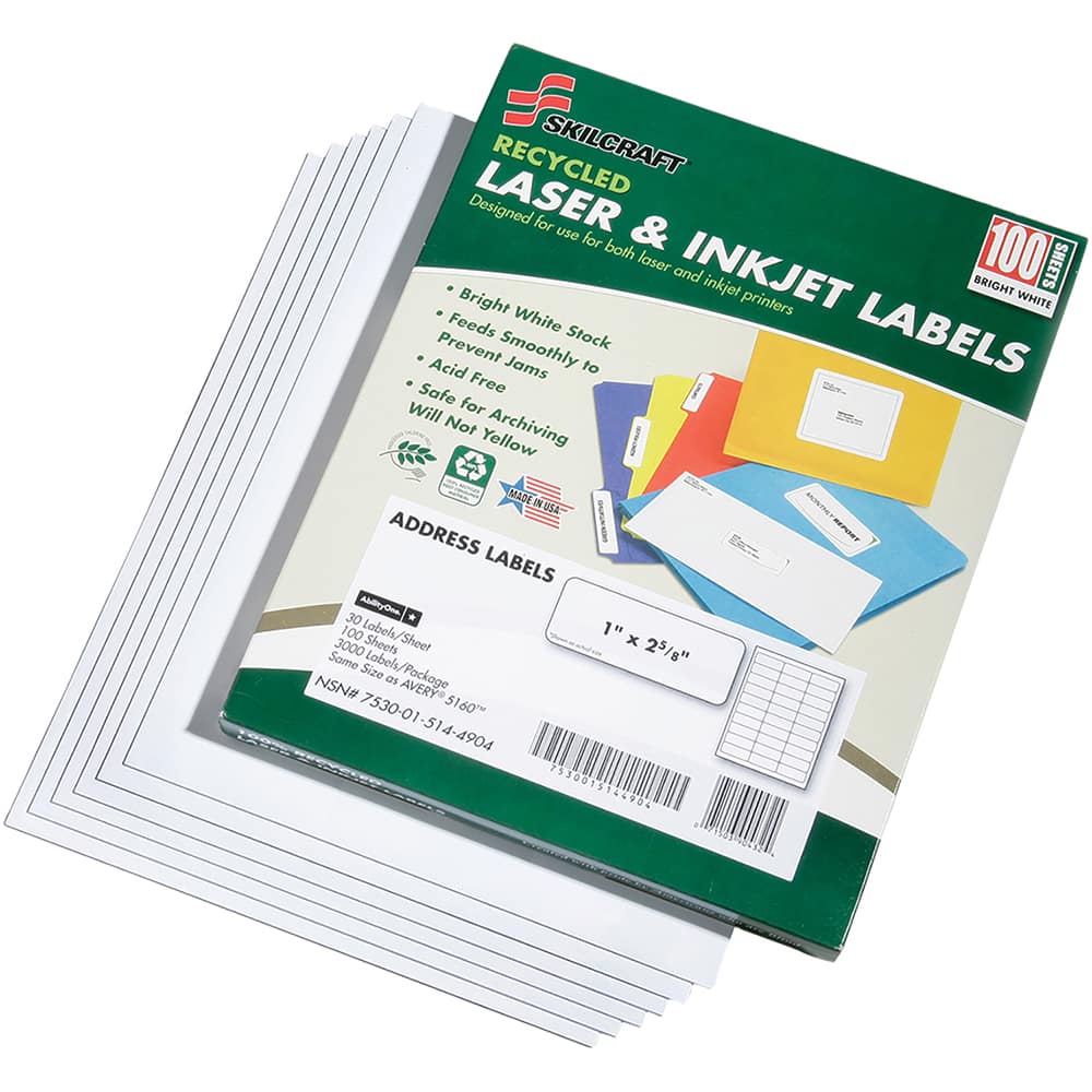 Ability One - Labels, Ribbons & Tapes; Type: Address Labels ; Color: White ; For Use With: Laser & Inkjet Printers ; Width (Inch): 1 ; Length (Inch): 2-5/8 ; Number of Labels: 1000 - Exact Tool & Supply