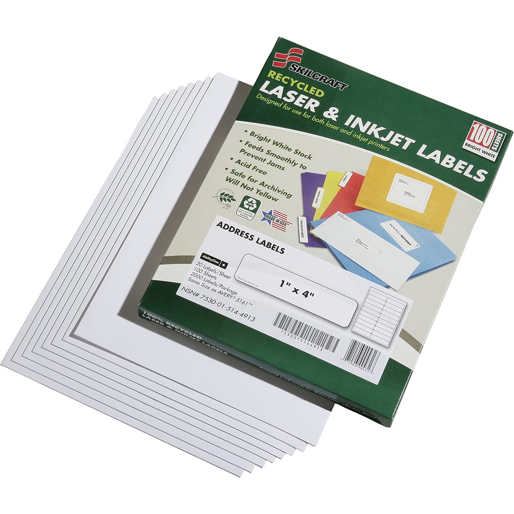 Ability One - Labels, Ribbons & Tapes; Type: Address Labels ; Color: White ; For Use With: Laser & Inkjet Printers ; Width (Inch): 1 ; Length (Inch): 4 ; Number of Labels: 2000 - Exact Tool & Supply