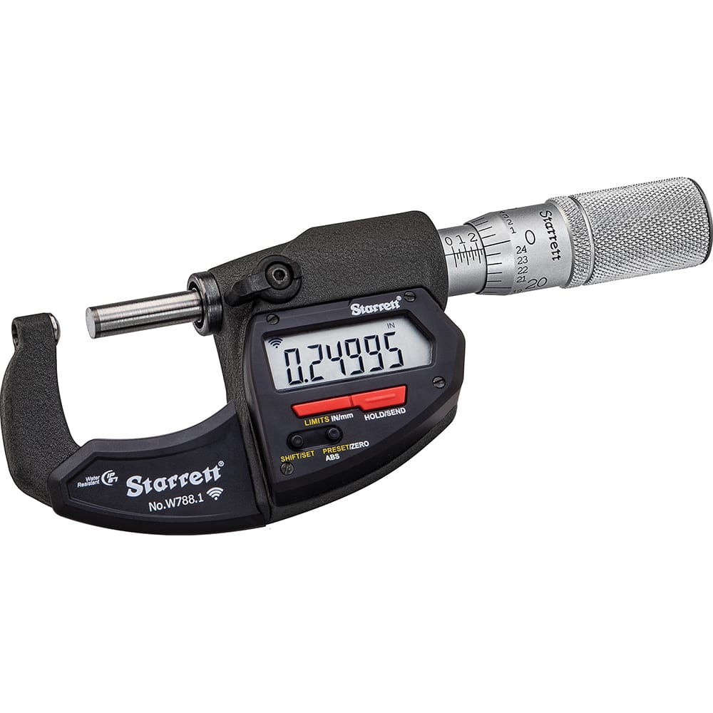 Starrett - Electronic Outside Micrometers; Type: Wireless Electronic Micrometer with Rounded Anvil ; Minimum Measurement (Decimal Inch): 0 ; Minimum Measurement (mm): 0 ; Maximum Measurement (mm): 25 ; Maximum Measurement (Decimal Inch): 1 ; Thimble Type - Exact Tool & Supply