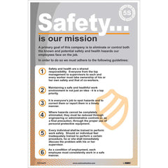 NMC - Training & Safety Awareness Posters; Subject: Teamwork ; Training Program Title: 5S; Office Safety ; Message: Safety Is Our Mission ; Series: Safety & Health ; Language: English ; Background Color: Gray; White - Exact Tool & Supply
