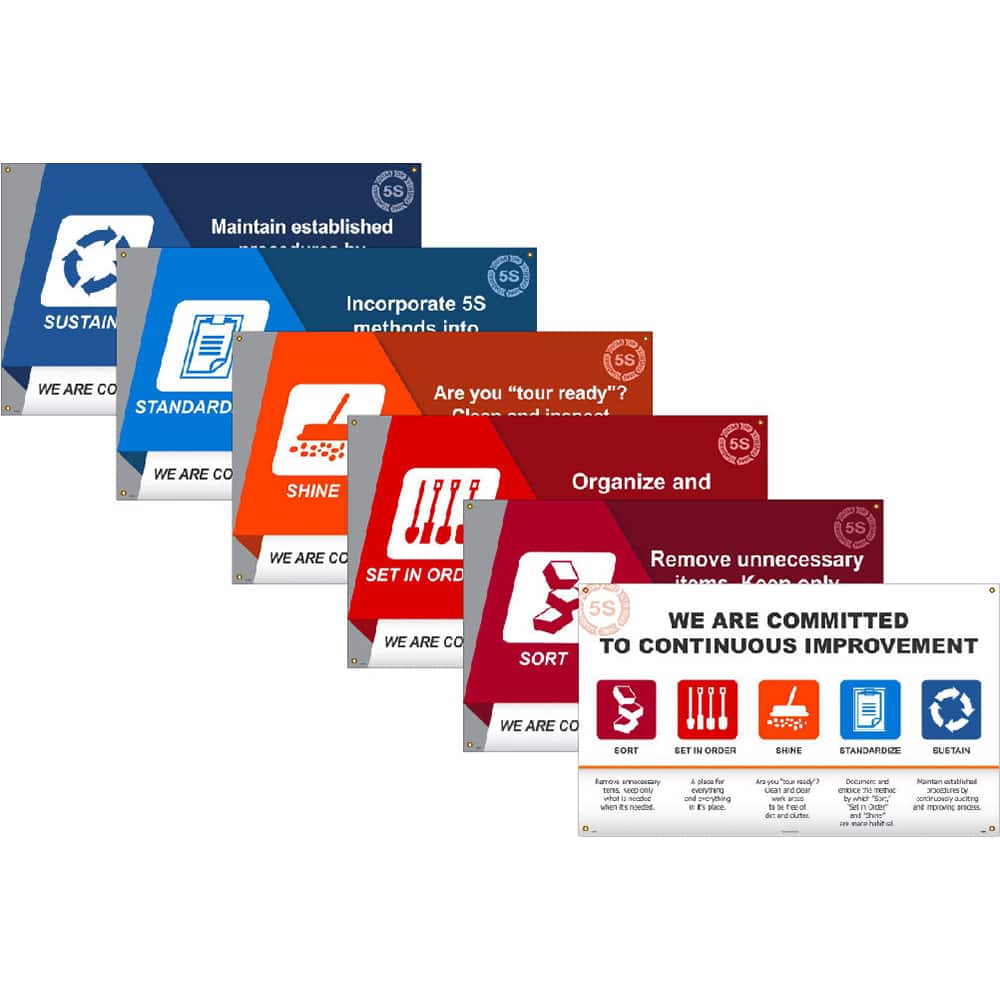 NMC - Banners; Message Type: Lean ; Legend: We Are Commited To Continuous Improvement; Remove Unncessary Items. Keep Only What Is Needed For Each Area; Organize And Identify Storage For Efficient Use; Are You "Tour Ready"? Clean And Inspect Areas Regular - Exact Tool & Supply