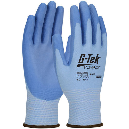 ‎16-318/XL Seamless Knit Glove - G-Tek PolyKor - Blue 18G Seamless Knit - Blue PU Smooth Grip - A2 - Exact Tool & Supply