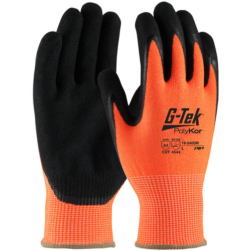 ‎16-340OR/L Coated Gloves w/Polykor - G-Tek PolyKor - HV Orange 13G Shell - DD Nitrile MicroSurface Grip - A3 - Exact Tool & Supply