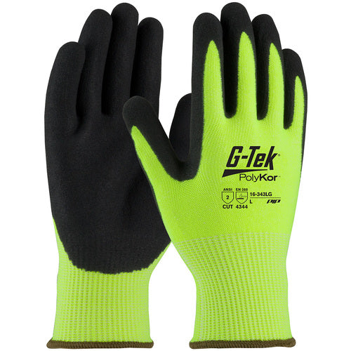 ‎16-343LG/M Coated Gloves w/Polykor - G-Tek PolyKor - HV Lime G 13G Shell - DD Nitrile MicroSurface Grip - A2 - Exact Tool & Supply
