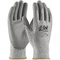 ‎16-530/M Coated Gloves w/Polykor - G-Tek PolyKor - S&P 13G Seamless Knit Shell - Gray PU Smooth Grip - A3 - Exact Tool & Supply