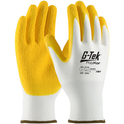 ‎16-813/M Coated Gloves w/Polykor - G-Tek PolyKor - White 13G Shell - Yellow Latex Coat Crinkle Grip - A2 - Exact Tool & Supply