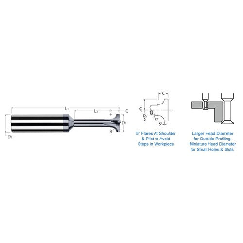 Corner Rounding End Mills - 0.0620″ (1/16″) Radius × 0.3125″ (5/16″) Head Diameter × 0.4370″ (7/16″) Neck Length Carbide 5° Flare Back Corner Rounding End Mill, 3 Flutes, AlTiN Coated - Exact Tool & Supply