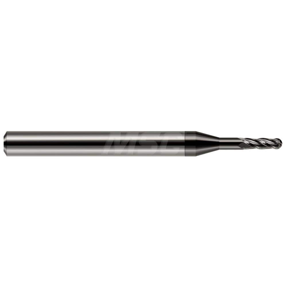 Ball End Mill: 0.093″ Dia, 0.279″ LOC, 4 Flute, Solid Carbide 1-1/2″ OAL, 1/8″ Shank Dia, 30 ° Helix, Amorphous Diamond Coated, Single End