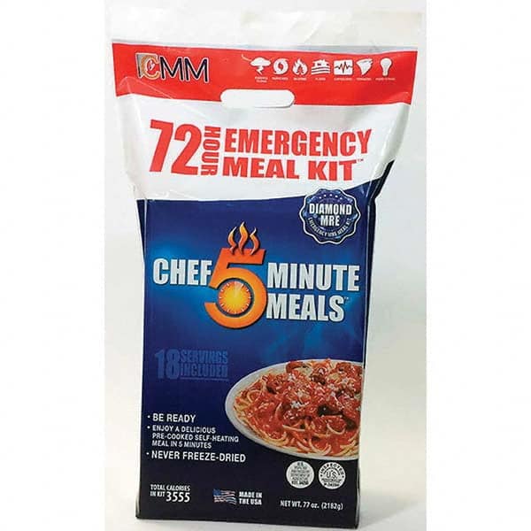 Chef Minute Meals - Emergency Preparedness Supplies; Type: Ready-to-Eat Meal Variety Assortment ; Contents/Features: (2) Beef Chili w/Beans 9-oz Meals; (2) Spaghetti & Meatballs 9-oz Meals; (2) Chicken Pasta Parmesan 9-oz Meals; (2) Whole Wheat Tortillas - Exact Tool & Supply