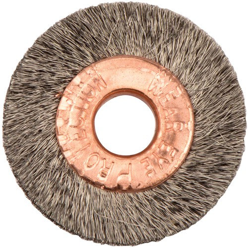 1″ Small Diameter Crimped Wire Wheel, .005″ Stainless Steel Fill, 1/4″ Arbor Hole - Exact Tool & Supply