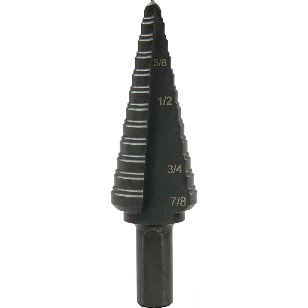 Greenlee - Step Drill Bits; Minimum Hole Diameter (Inch): 3/16 ; Maximum Hole Diameter (Inch): 7/8 ; Drill Bit Material: Steel ; Drill Bit Finish/Coating: Steam Oxide ; Number of Hole Sizes: 12 ; Shank Type: 3-Flat - Exact Tool & Supply