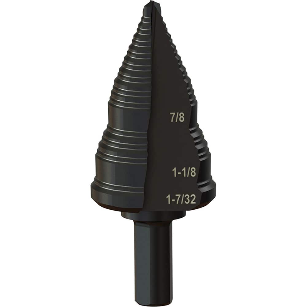 Greenlee - Step Drill Bits; Minimum Hole Diameter (Inch): 3/16 ; Maximum Hole Diameter (Inch): 1-7/32 ; Drill Bit Material: Steel ; Drill Bit Finish/Coating: Steam Oxide ; Number of Hole Sizes: 4 ; Shank Type: 3-Flat - Exact Tool & Supply
