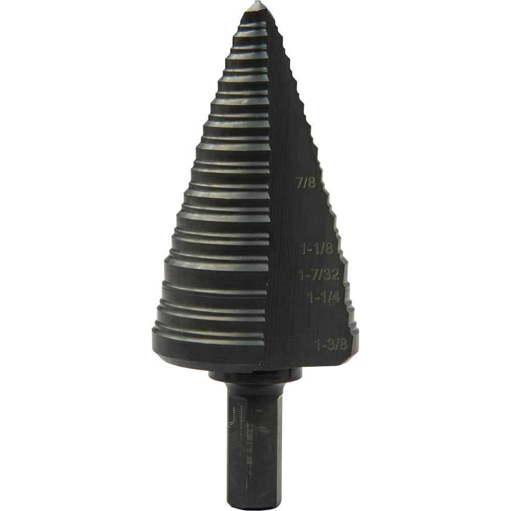 Greenlee - Step Drill Bits; Minimum Hole Diameter (Inch): 1/4 ; Maximum Hole Diameter (Inch): 1-3/8 ; Drill Bit Material: Steel ; Drill Bit Finish/Coating: Steam Oxide ; Number of Hole Sizes: 15 ; Shank Type: 3-Flat - Exact Tool & Supply