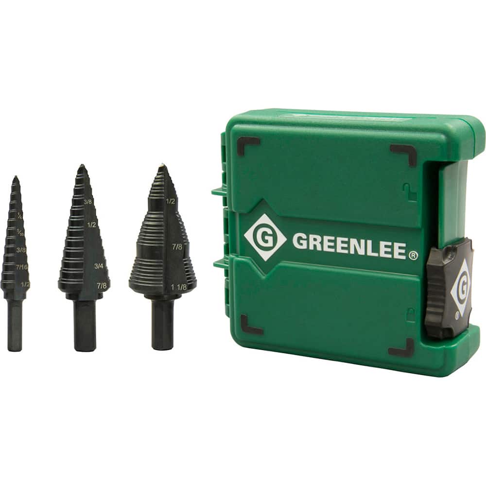 Greenlee - Drill Bit Sets; System of Measurement: Inch ; Drill Bit Material: Steel ; Drill Bit Set Type: Step Drill Bits ; Minimum Drill Bit Size (Decimal Inch): 0.5000 ; Minimum Drill Bit Size (Inch): 1/2 ; Maximum Drill Bit Size (Decimal Inch): 1.1250 - Exact Tool & Supply