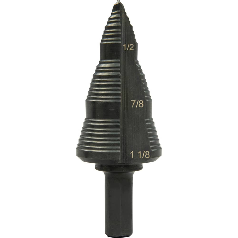 Greenlee - Step Drill Bits; Minimum Hole Diameter (Inch): 3/16 ; Maximum Hole Diameter (Inch): 1-1/8 ; Drill Bit Material: Steel ; Drill Bit Finish/Coating: Steam Oxide ; Number of Hole Sizes: 4 ; Shank Type: 3-Flat - Exact Tool & Supply