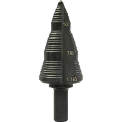 Greenlee - Step Drill Bits; Minimum Hole Diameter (Inch): 3/16 ; Maximum Hole Diameter (Inch): 1-1/8 ; Drill Bit Material: Steel ; Drill Bit Finish/Coating: Steam Oxide ; Number of Hole Sizes: 4 ; Shank Type: 3-Flat - Exact Tool & Supply