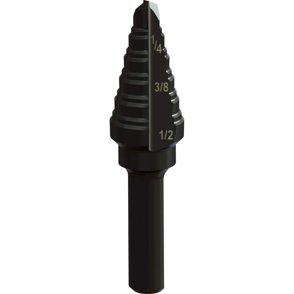 Greenlee - Step Drill Bits; Minimum Hole Diameter (Inch): 3/16 ; Maximum Hole Diameter (Inch): 1/2 ; Drill Bit Material: Steel ; Drill Bit Finish/Coating: Steam Oxide ; Number of Hole Sizes: 6 ; Shank Type: 3-Flat - Exact Tool & Supply