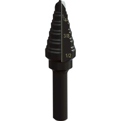 Greenlee - Step Drill Bits; Minimum Hole Diameter (Inch): 3/16 ; Maximum Hole Diameter (Inch): 1/2 ; Drill Bit Material: Steel ; Drill Bit Finish/Coating: Steam Oxide ; Number of Hole Sizes: 6 ; Shank Type: 3-Flat - Exact Tool & Supply