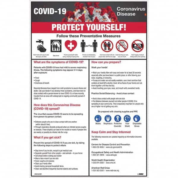 NMC - 1 5-Piece "COVID-19 - PROTECT YOURSELF!", 12" Wide x 18" High, Paper Safety Sign - Exact Tool & Supply