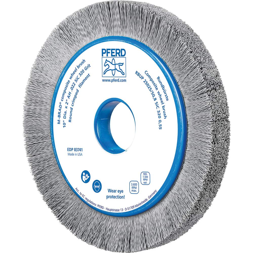 PFERD - Wheel Brushes; Outside Diameter (Inch): 10 ; Wire Type: Crimped; Round ; Fill Material: Nylon; Silicon Carbide ; Trim Length (Inch): 1-1/2 ; Filament Wire Diameter Range: 0.0200-0.0299 ; Maximum RPM: 3600.000 - Exact Tool & Supply