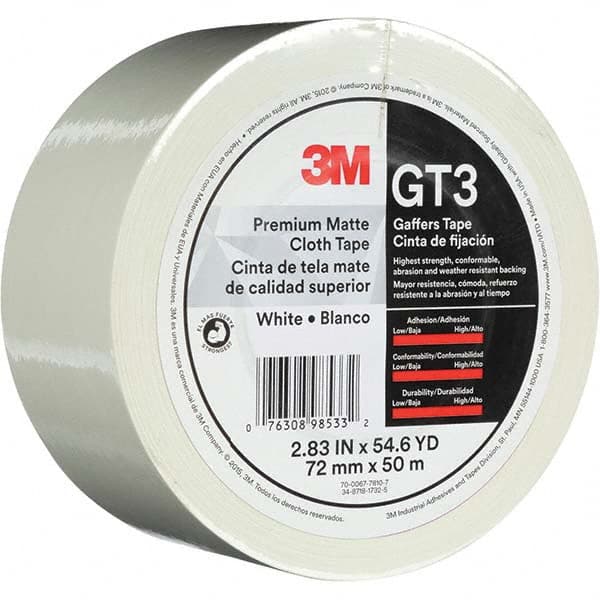 3M - 50m x 72mm x 11 mil White Cotton Cloth Gaffers Tape - Exact Tool & Supply