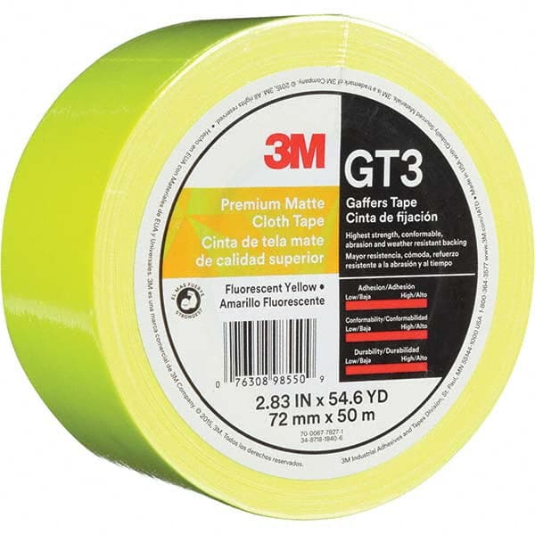 3M - 50m x 72mm x 11 mil Fluorescent Yellow Cotton Cloth Gaffers Tape - Exact Tool & Supply