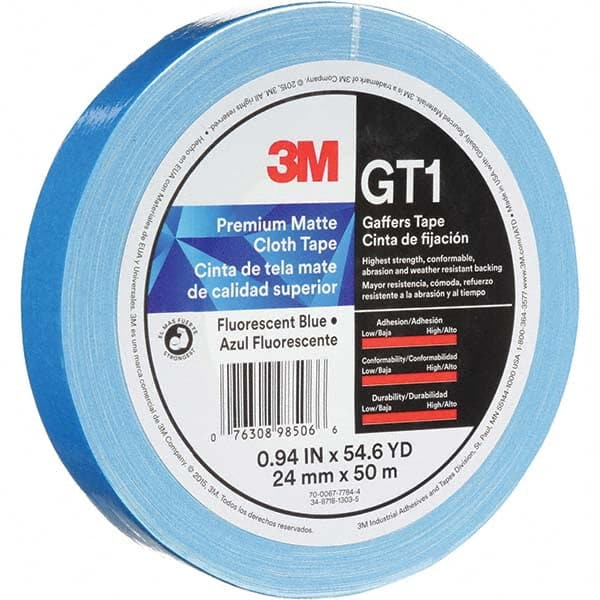 3M - 50m x 24mm x 11 mil Fluorescent Blue Cotton Cloth Gaffers Tape - Exact Tool & Supply
