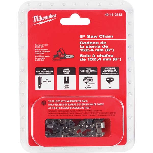 Milwaukee Tool - Power Lawn & Garden Equipment Accessories; Type: Chainsaw Chain ; Product Compatibility: MILWAUKEE? M12 FUEL? HATCHET? 6" Pruning Saw (2527-20) ; Material: Metal ; Length (Inch): 6" ; Description: 3/8" Low Profile Chain Pitch - Exact Tool & Supply