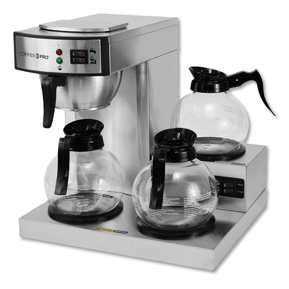 Coffee Pro - Coffee Makers; Coffee Maker Type: 36-Cup Commerical Drip Coffee Maker ; For Use With: Coffee ; Color: Stainless Steel ; Special Item Information: 3 Burners; 3 Warmers - Exact Tool & Supply