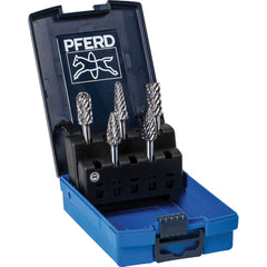 PFERD - 5 Pc Steel Cut Burr Set with Cylinder, Cylinder w/Rad End, Tree w/Pointed End, Tree w/Rad End, Taper - Exact Tool & Supply