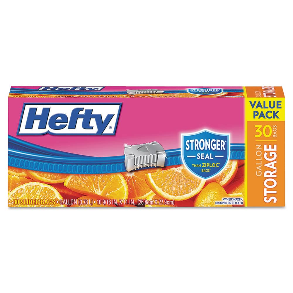 Hefty - Reclosable Food & Sandwich Bags; Volume Capacity: 1 Gal ; Width (Inch): 2-1/2 ; Container Shape: Rectangle ; Height (Inch): 11 ; Material: Plastic ; Thickness (mil): 1.5000 - Exact Tool & Supply