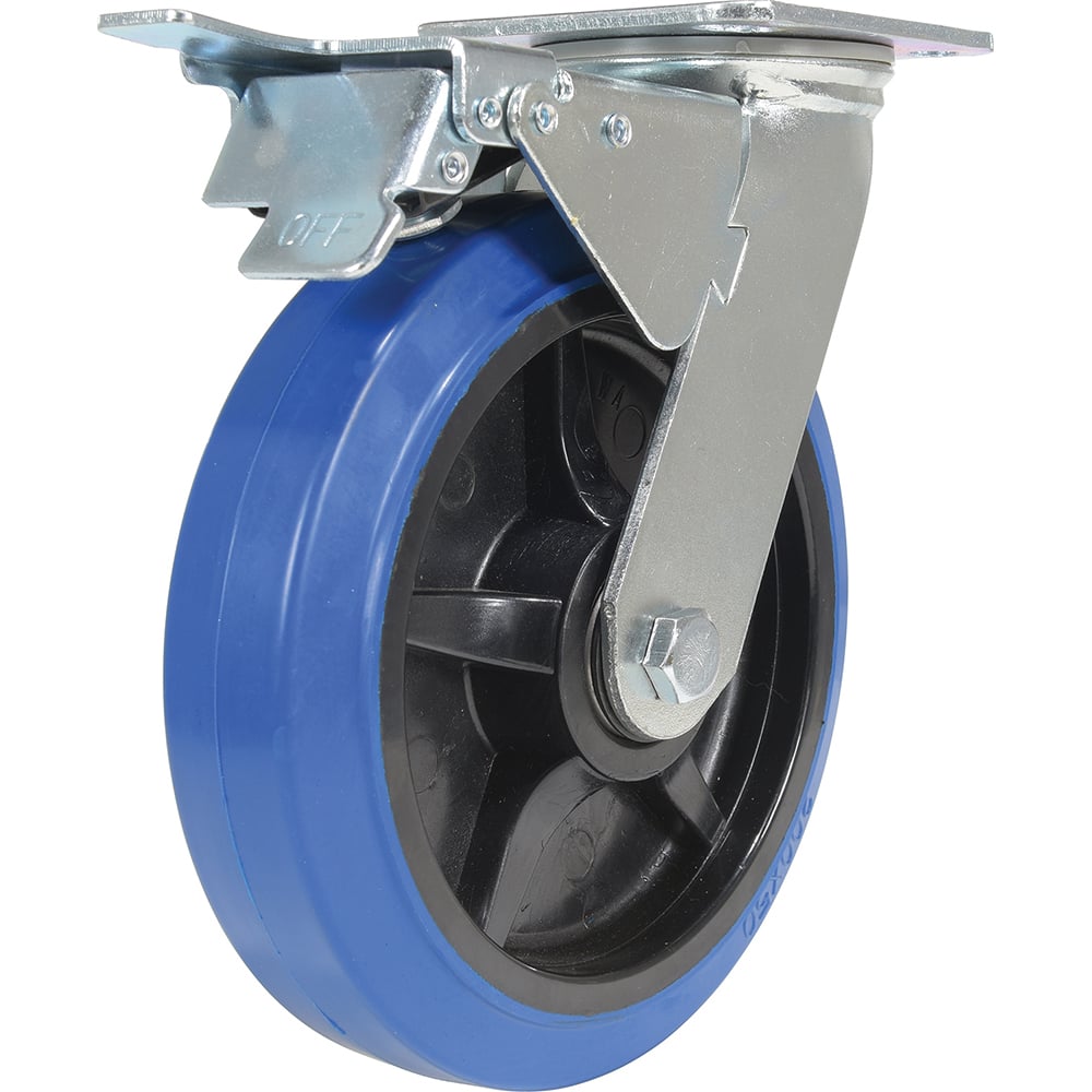 Vestil - Standard Casters; Mount: With Holes ; Style: Swivel w/Total Brake ; Wheel Diameter: 8 (Inch); Wheel Width: 2 (Inch); Overall Height (Inch): 9-1/2 ; Load Capacity (Lb.): 770.000 - Exact Tool & Supply