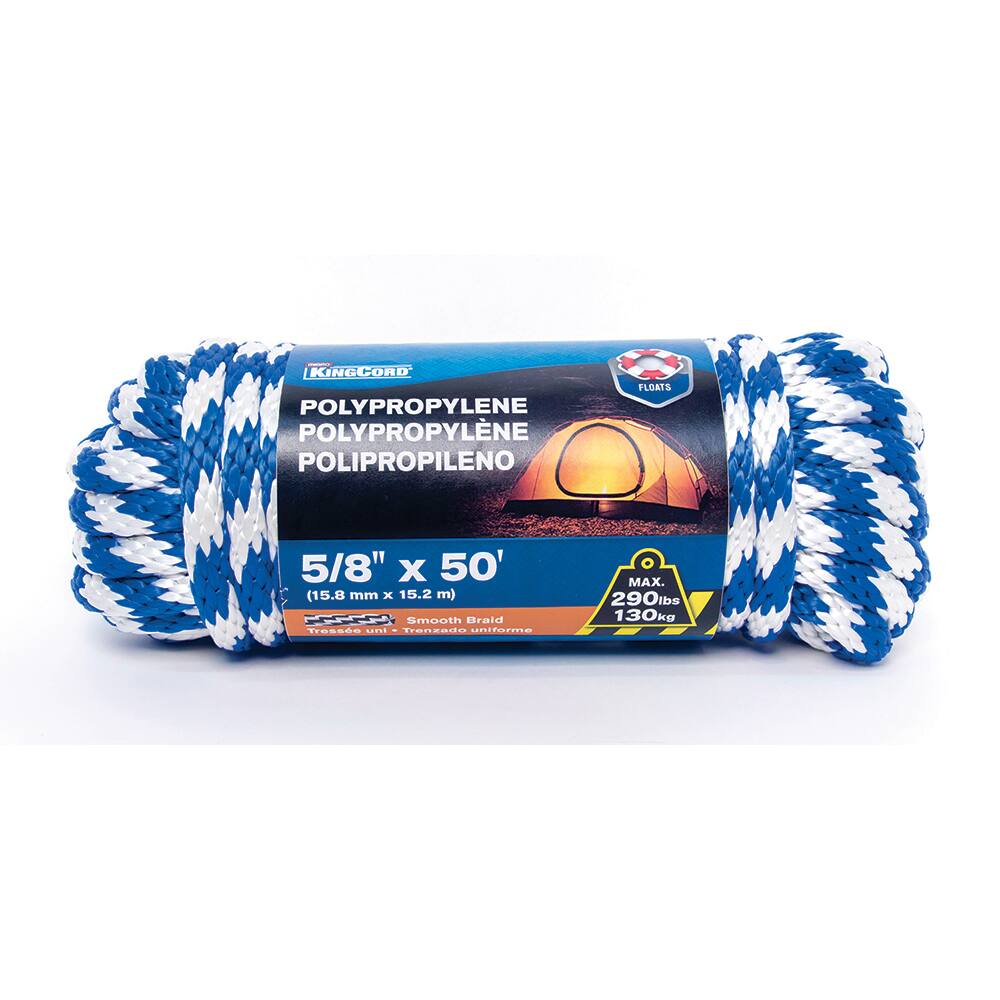 Mibro - Rope; Type: Solid Braid ; Head/Holder Diameter (Inch): 5/8 ; Material: Polypropylene ; Load Capacity (Lb.): 290.000 ; Maximum Length: 50.00 ; Color: Blue/White - Exact Tool & Supply