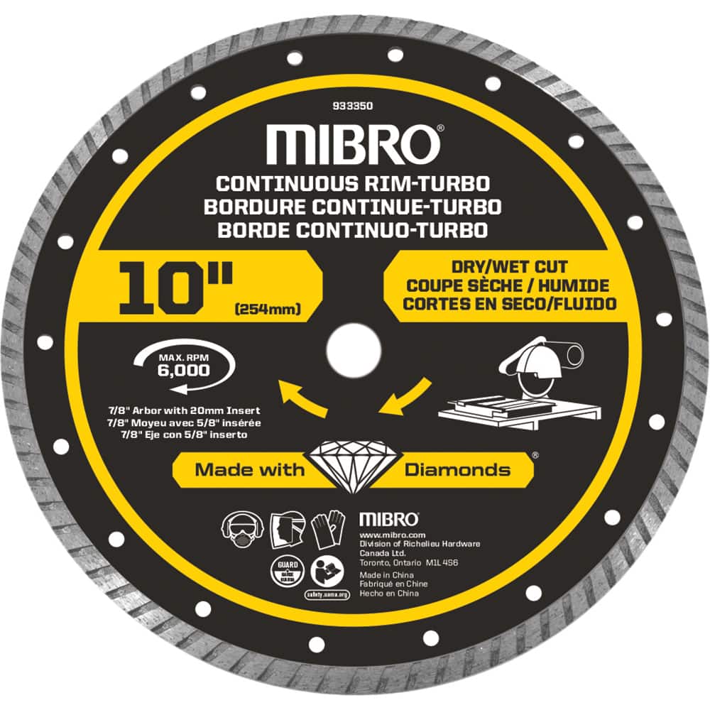Mibro - Wet & Dry-Cut Saw Blades; Blade Diameter (Inch): 10 ; Blade Material: Diamond Matrix ; Arbor Style: Round w/ Diamond Knockout ; Arbor Hole Diameter (mm): 20.00 ; Application: Tile ; Number of Teeth: Continuous Edge - Exact Tool & Supply