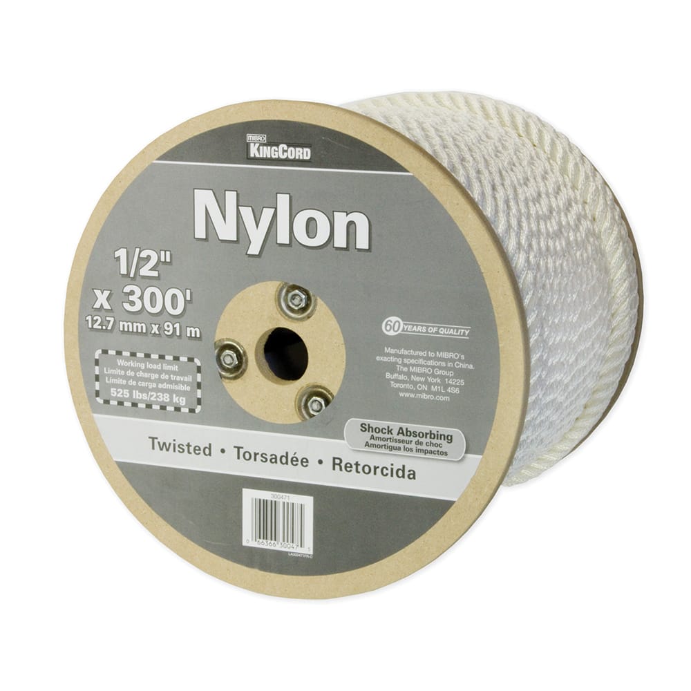 Mibro - Rope; Type: Twisted Rope ; Head/Holder Diameter (Inch): 1/2 ; Material: Nylon ; Load Capacity (Lb.): 535.000 ; Maximum Length: 300.00 ; Color: White - Exact Tool & Supply