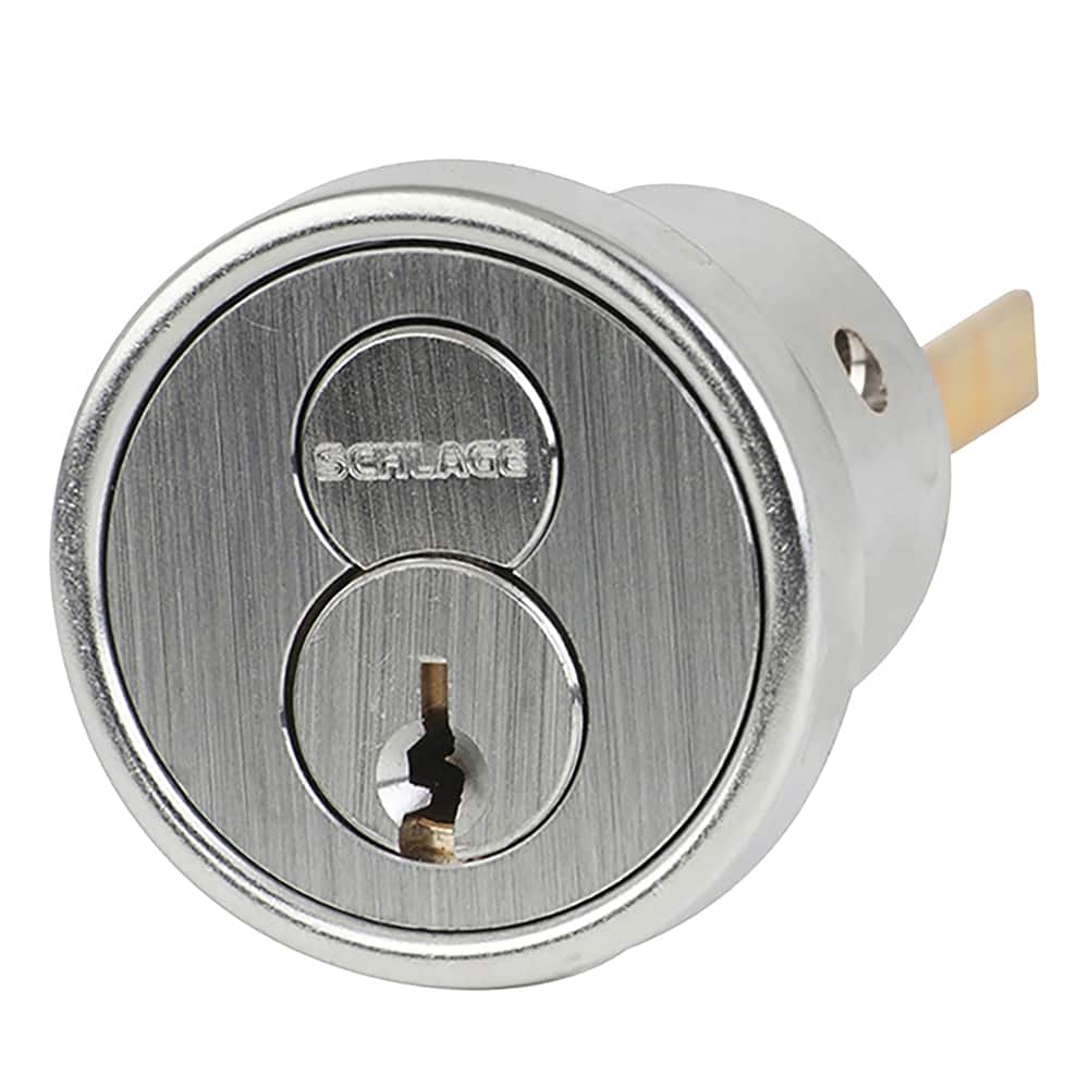 Schlage - Cylinders; Type: Rim ; Keying: E Keyway ; Number of Pins: 6 ; Material: Brass ; Finish/Coating: Satin Chrome - Exact Tool & Supply