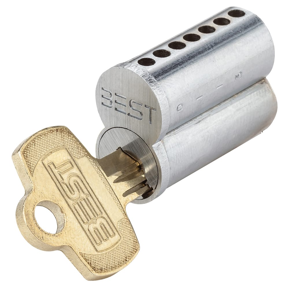 Detex - Cylinders; Type: Mortise ; Keying: Less Core ; Number of Pins: 7 ; Material: Brass ; Finish/Coating: Satin Chrome - Exact Tool & Supply