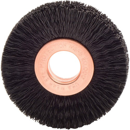 2″ Small Diameter Nylon Wheel Brush, .010″ Crimped Black Fill, 1/2″ Arbor Hole - Exact Tool & Supply