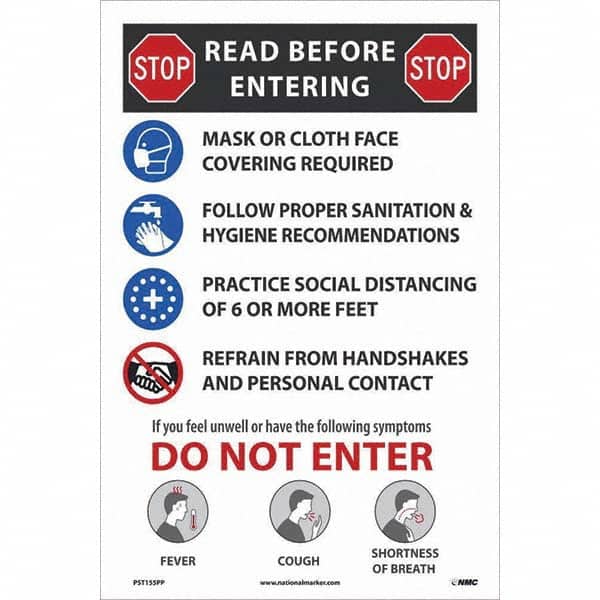 NMC - "COVID-19 - STOP - Read Before Entering", 12" Wide x 18" High, Paper Safety Sign - Exact Tool & Supply