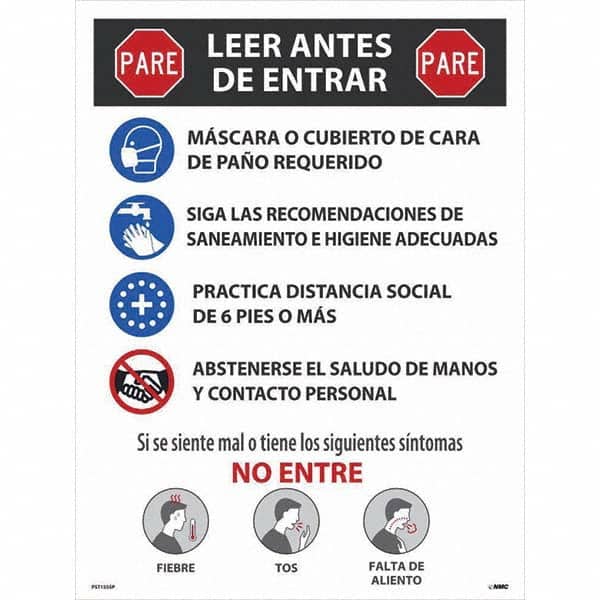 NMC - "COVID-19 - PARE - Leer Antes De Entrar", 18" Wide x 24" High, Paper Safety Sign - Exact Tool & Supply