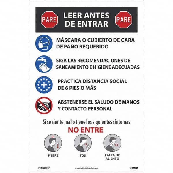 NMC - "COVID-19 - PARE - Leer Antes De Entrar", 12" Wide x 18" High, Paper Safety Sign - Exact Tool & Supply