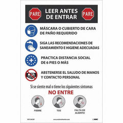 NMC - "COVID-19 - PARE - Leer Antes De Entrar", 12" Wide x 18" High, Vinyl Safety Sign - Exact Tool & Supply