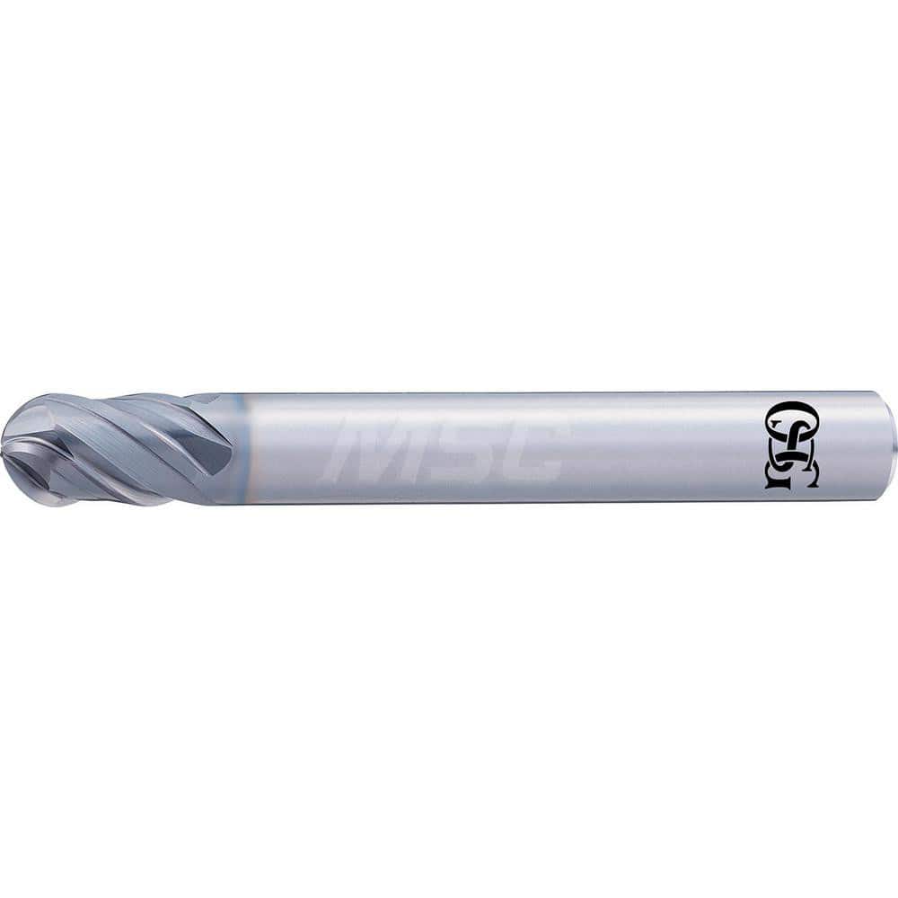 Ball End Mill: 0.0591″ Dia, 4 Flute, Solid Carbide 50 mm OAL, 4 mm Shank Dia, 40 ° Helix, DUROREY Coated, Single End