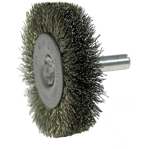 2″ Stem-Mounted Crimped Wire Radial Wheel, .014″ Stainless Steel Fill, 1/4″ Stem - Exact Tool & Supply