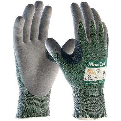 ‎18-570/XXXL Cut Resistant Gloves - MaxiCut - Green 15G Eng Yarn Shell - Gray Nitrile MicroFoam Grip - A2 - Exact Tool & Supply