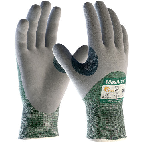 ‎18-575/M Gloves for Cut Protection - MaxiCut - Green 15G Eng Yarn Shell - Gray 3/4 Nitrile MicroFoam Grip - A2 - Exact Tool & Supply
