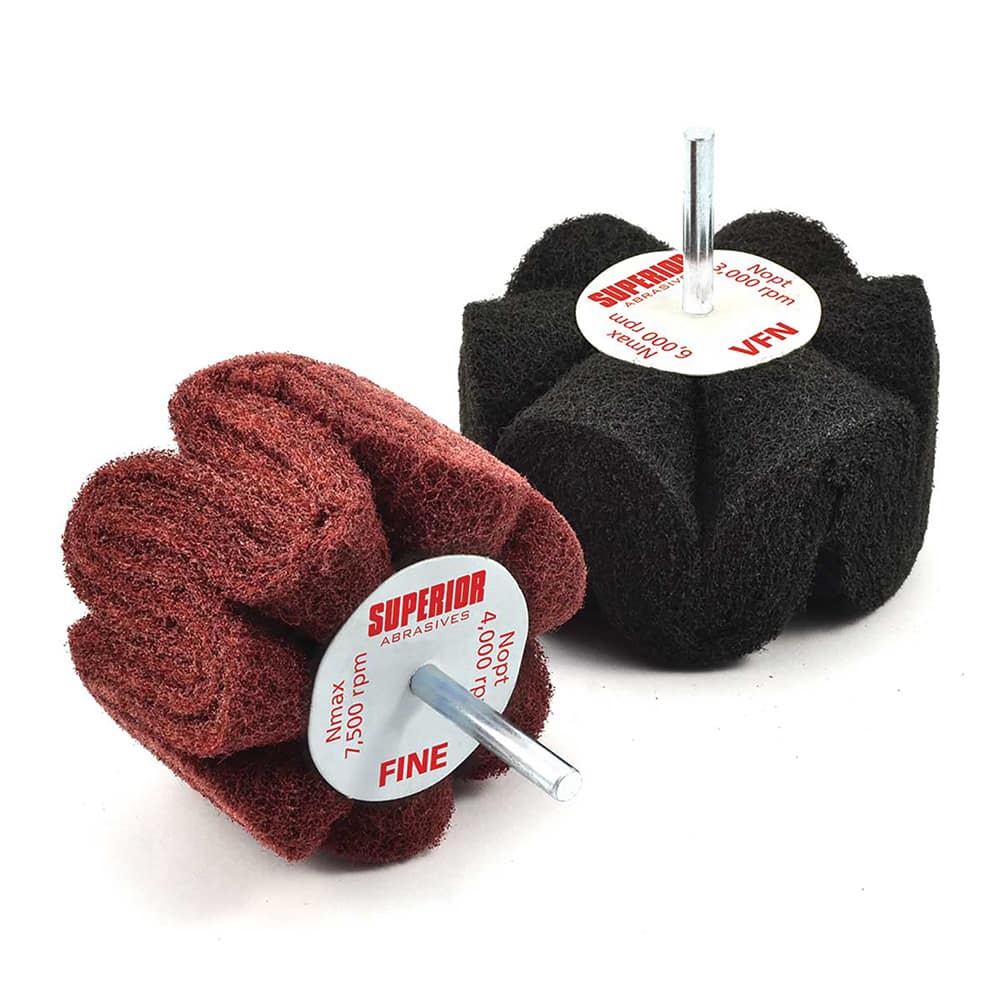 Superior Abrasives - Mounted Flap Wheels; Abrasive Type: Non-Woven ; Outside Diameter (Inch): 4 ; Face Width (Inch): 2 ; Abrasive Material: Silicon Carbide ; Grade: Fine ; Mounting Type: 1/4" Shank - Exact Tool & Supply