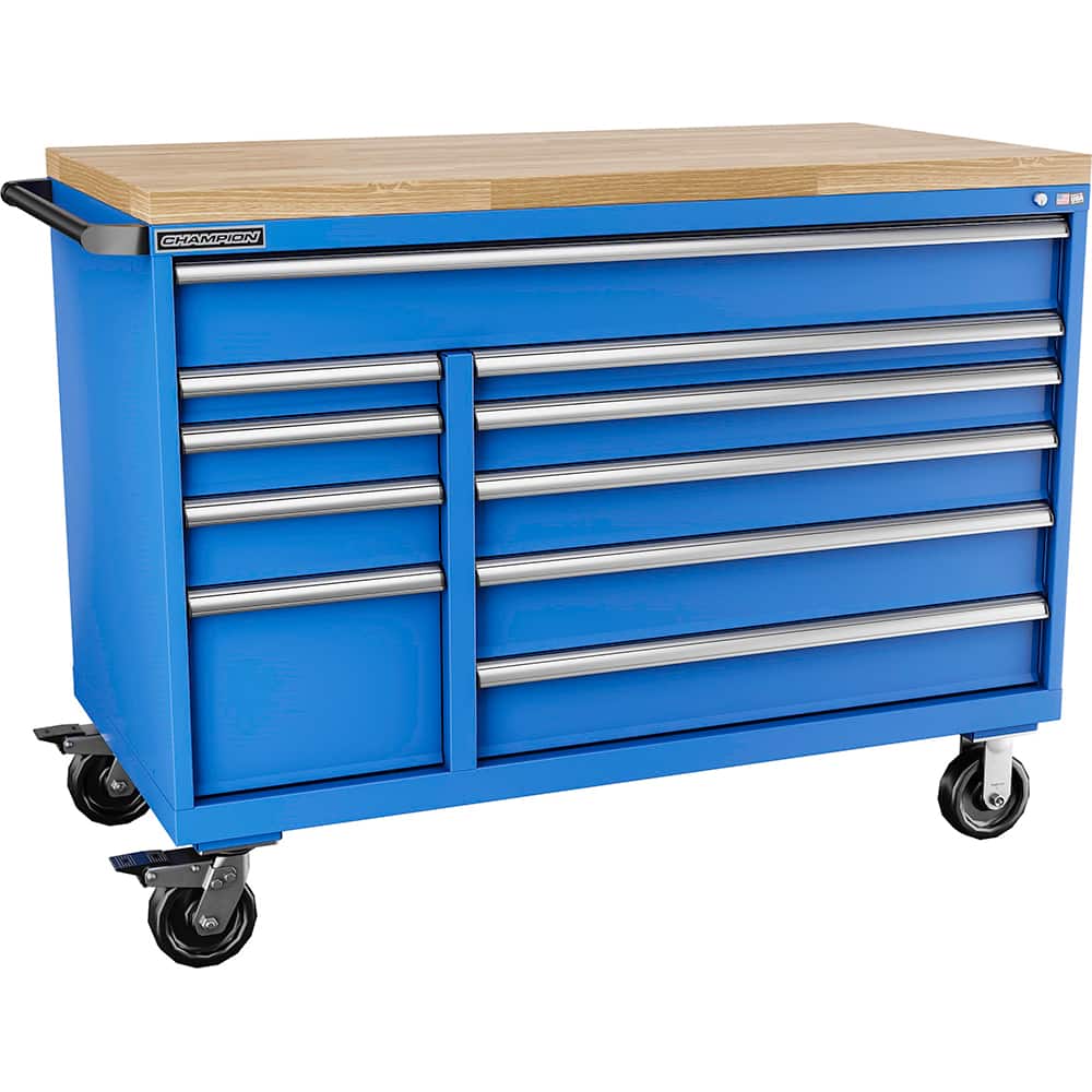 Champion Tool Storage - Mobile Work Centers; Type: Standard Depth Butcher Block Top Cabinet ; Load Capacity (Lb.): 440.000 ; Number of Drawers: 10 ; Width (Inch): 56-1/2 ; Depth (Inch): 28-1/2 ; Height (Inch): 33-1/2 - Exact Tool & Supply