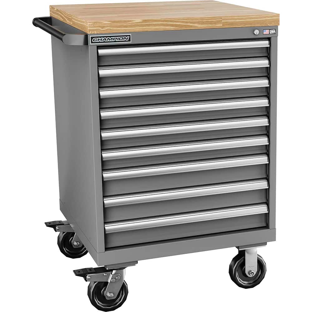 Champion Tool Storage - Mobile Work Centers; Type: Standard Depth Butcher Block Top Cabinet ; Load Capacity (Lb.): 440.000 ; Number of Drawers: 9 ; Width (Inch): 28-1/4 ; Depth (Inch): 28-1/2 ; Height (Inch): 43-1/4 - Exact Tool & Supply